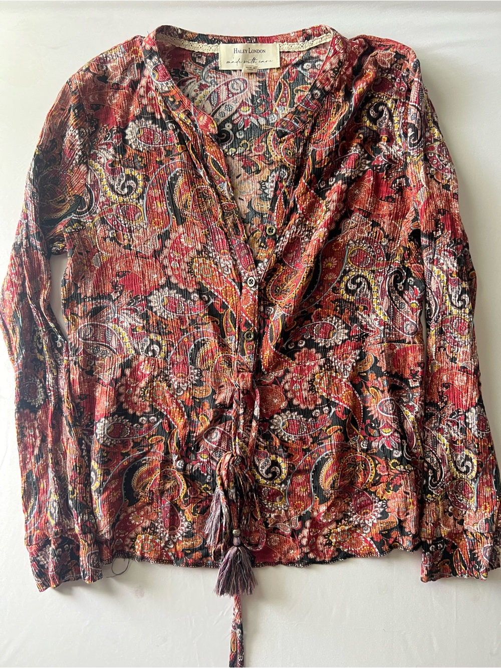 Red Paisley V-Neck Button Front Women's Top